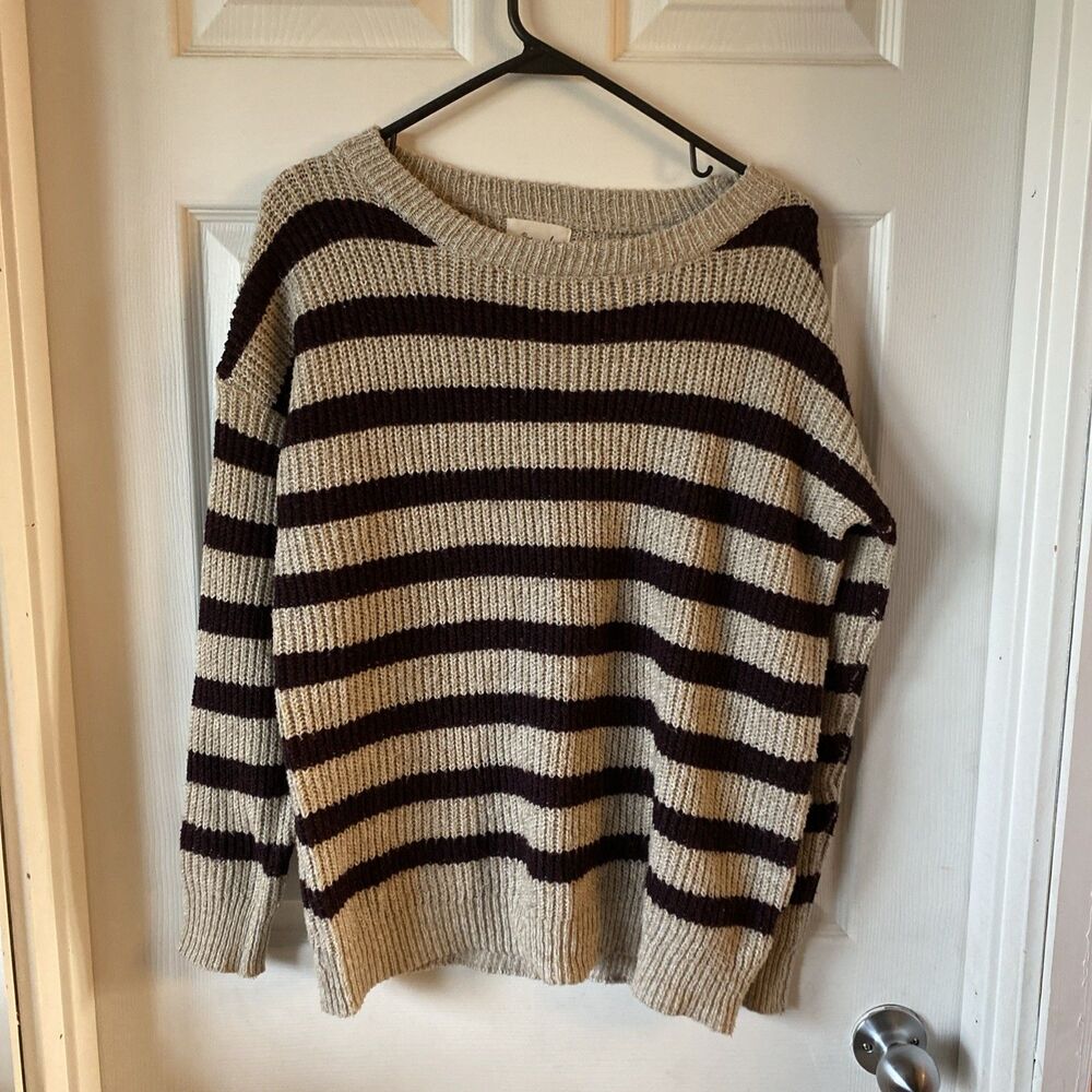 Beceel Sweater Women’s Size Small Boat Neck Striped Brown & Beige Knit Pullover